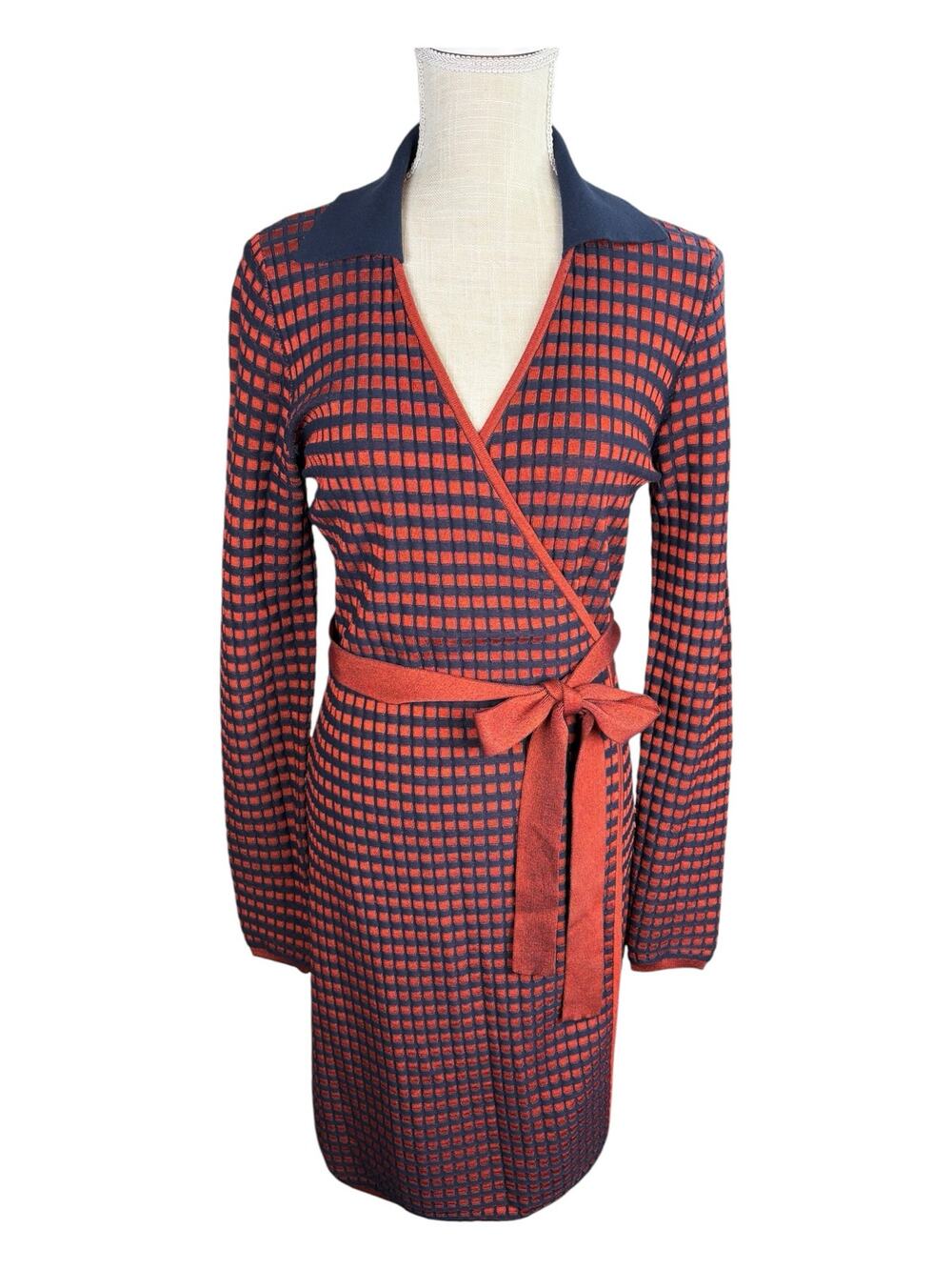 Diane Von Furstenberg Knit Wrap Dress Women's Medium Checkered Red Navy Blue